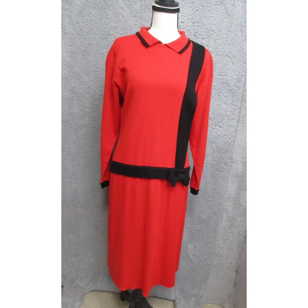 Vtg Outlander Sweater Dress Womens Petite Medium Red Colorblock Bow Collar Knit‎